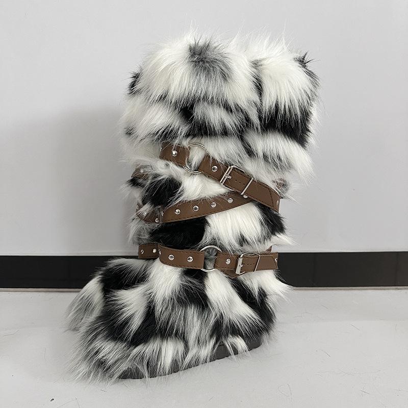 Damen Winterimitat Fuchsfell Stiefel Gürtel Punk Europäisch und Amerikanisch hoher Schaft 40 langer Schaft Schneestiefel Schuhe