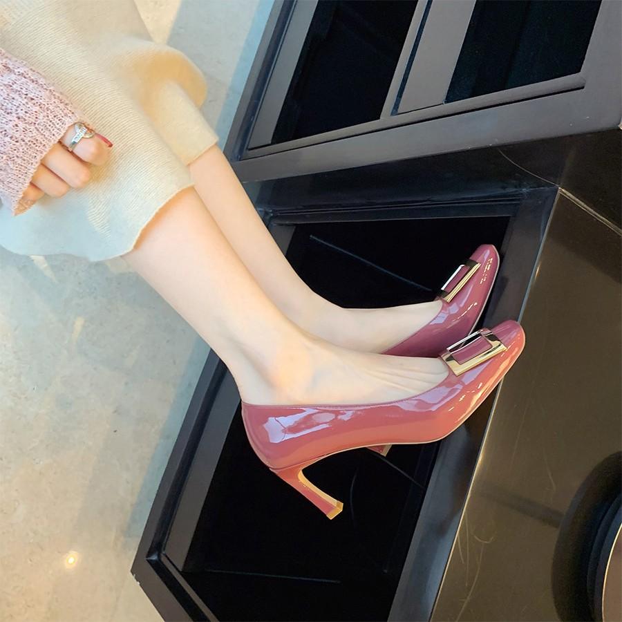 Spot second hair! Grape mother same shoes French temperament night wind square buckle thin high heel square head shallow mouth commuter shoes