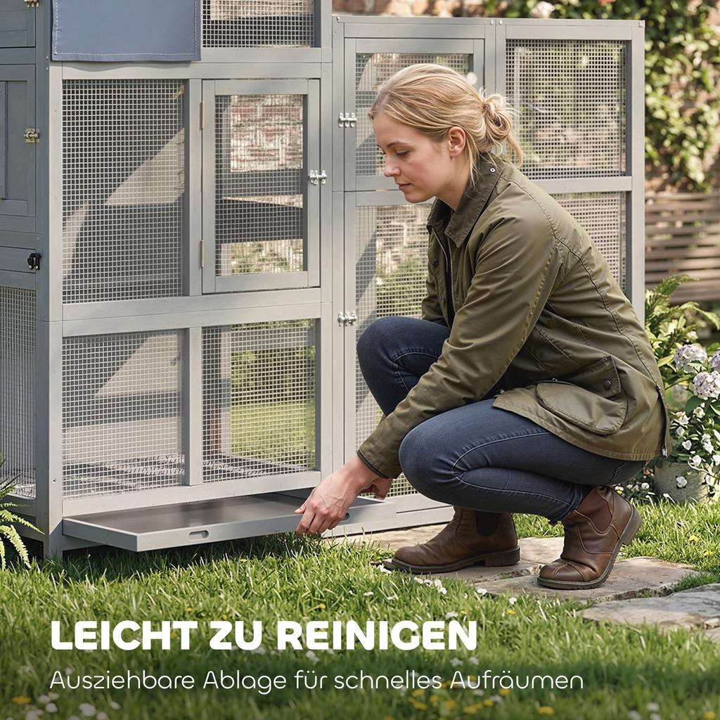 Aviary Bird Aviary made of Wood with 6 Perches Storage Compartment Pull-Out Drawer Stainless Steel Bowls 196x60x164.5cm Grey