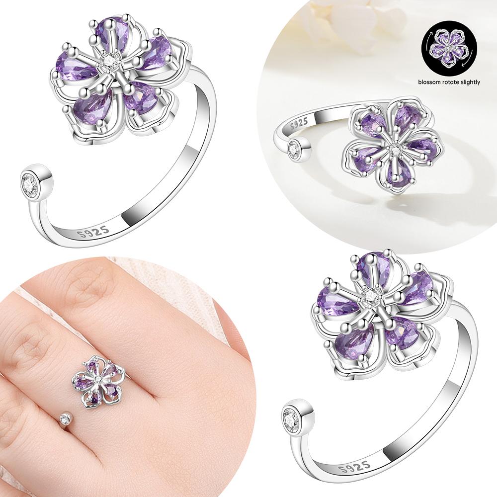 Authentic copper Open Ring Women Jewellery Purple Zircon Flower Petal Ring Valentines Anniversary Fine Gift Ring