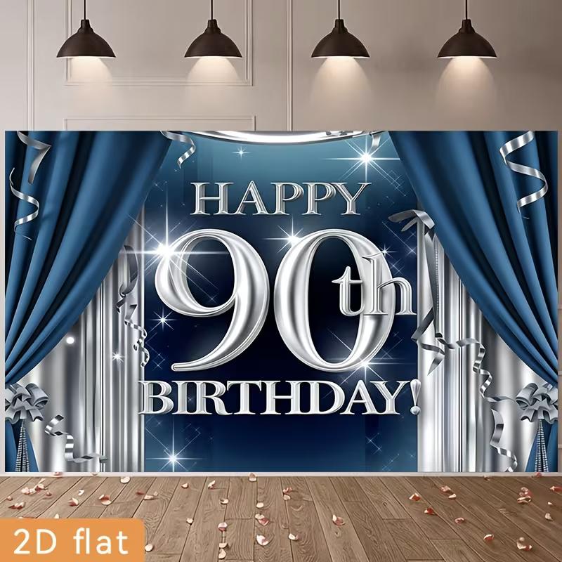 2D 90. Geburtstag Fotografie Hintergrund Marineblau Silber Vorhang und Glitzer Party Hintergrund