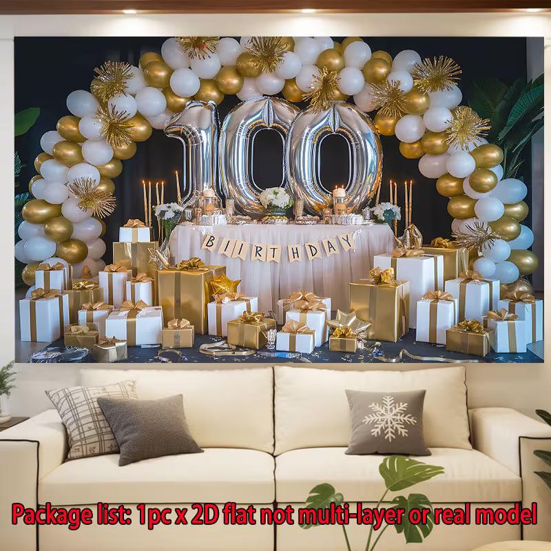 

2D 100th Birthday Party Backdrop Gold White Balloon Gift Box Photo Background 47.2x31.5inch/120*80cm