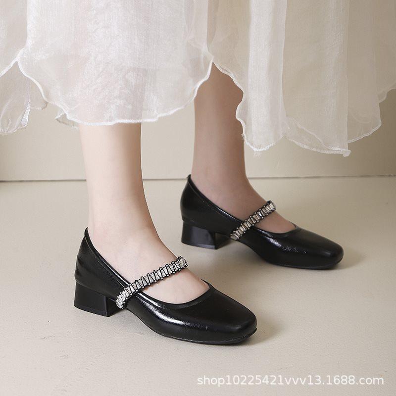 New Summer And Autumn Small Leather Shoes Trendy Thick Heel Shallow Mouth Single Shoes French Evening Shoes Square Head 2025 Rhinestone Mary Jane