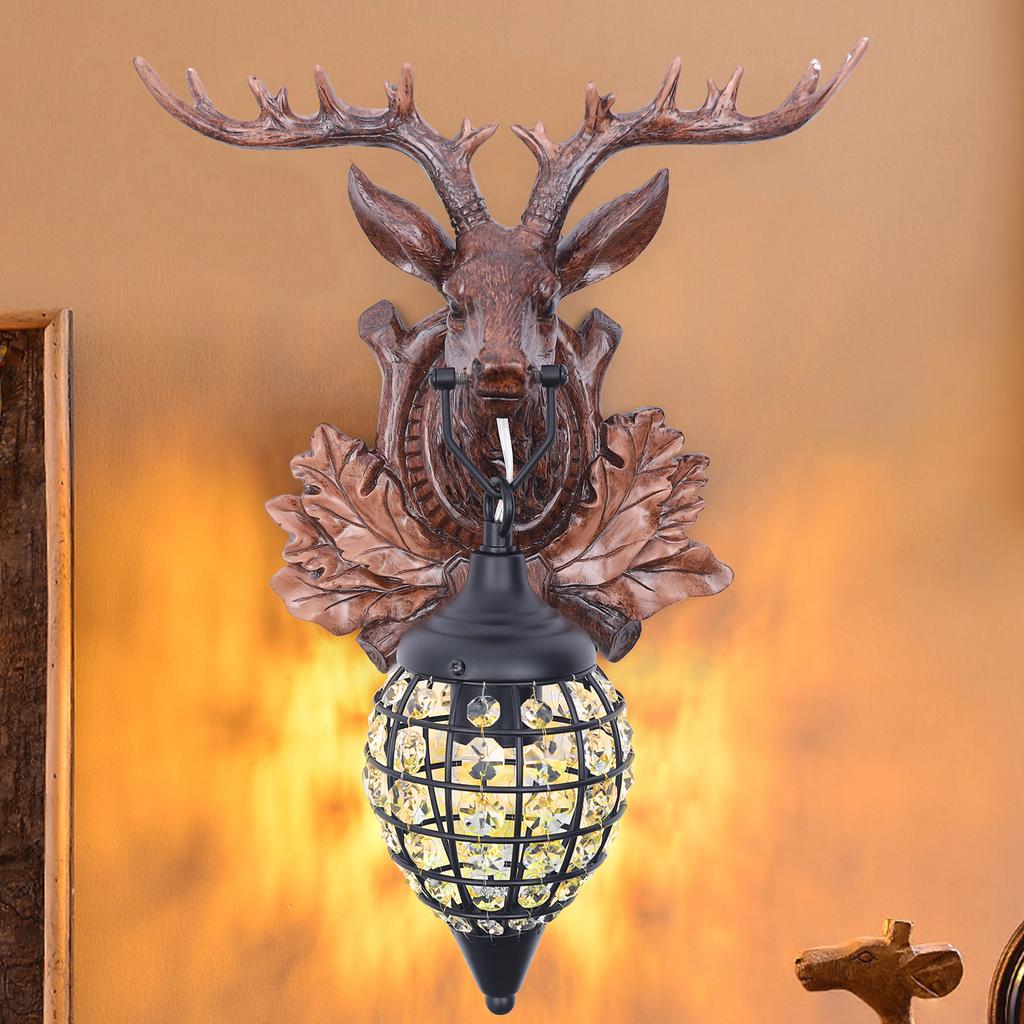 Deer Head Wall Light, Antler Wall Lamp, European Style Wall Mount Lighting, Bedroom Handmade Fixture W/ K9 Crystals & E12 Base