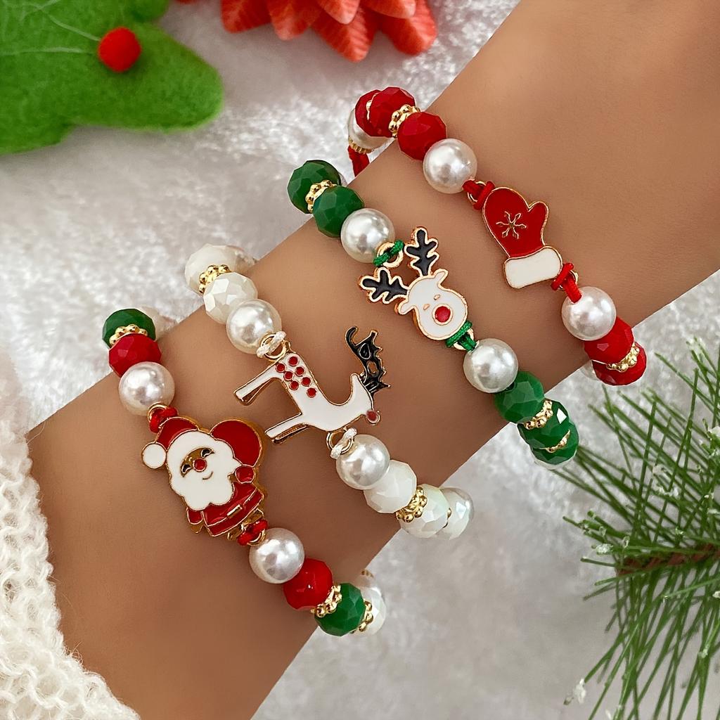 Weihnachts-Charm-Armband-Set, 4-teilig – Weihnachtsmann-, Rentier- und rote Handschuhe-Designs mit weichen Tonperlen und Kordelzugverschluss – als Weihnachtsgeschenk für Freunde und Familie