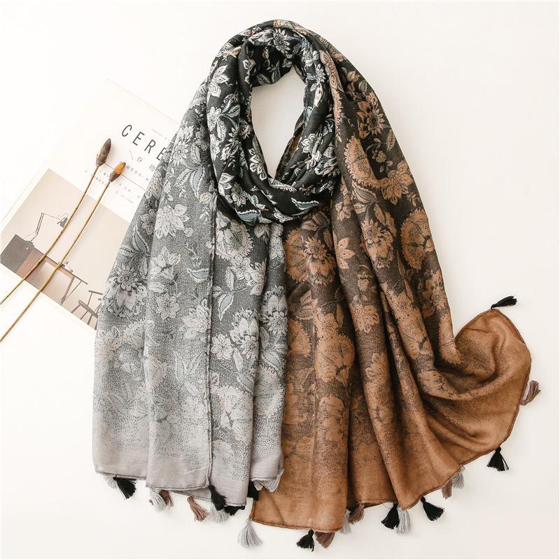 

Autumn Fashion Ombre 3-color Aztec Ethnic Floral Tassel Viscose Scarf Lady Gradient Shawls and Wraps Pashmina Stole Muslim Hijab