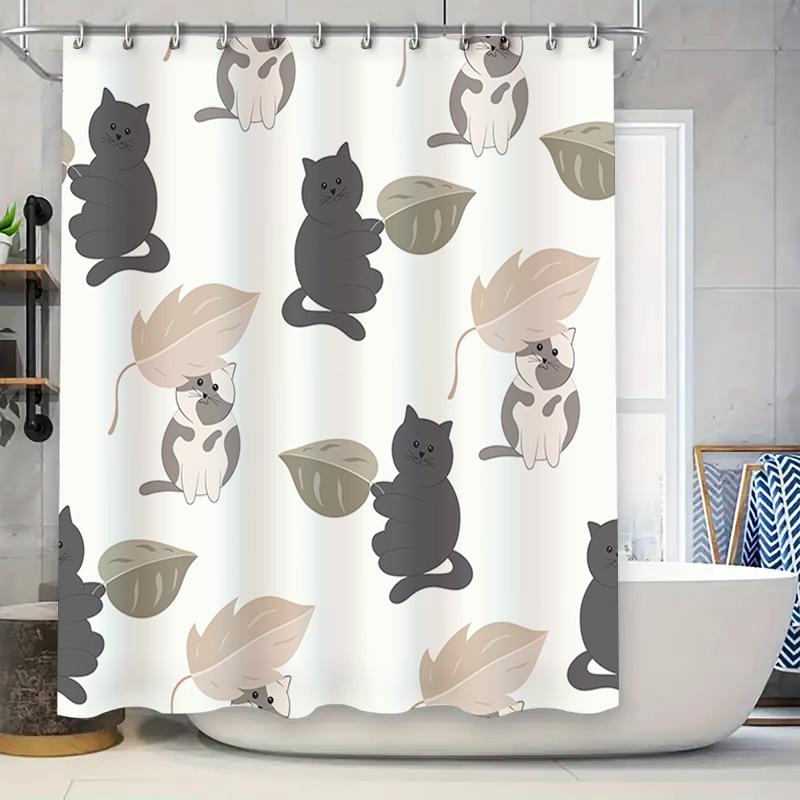 

White Shower Curtain With Black Grey Cats And Leaves Decorative Bathroom Accessories For Home Decoration W60H190(CM)-1 Pcs