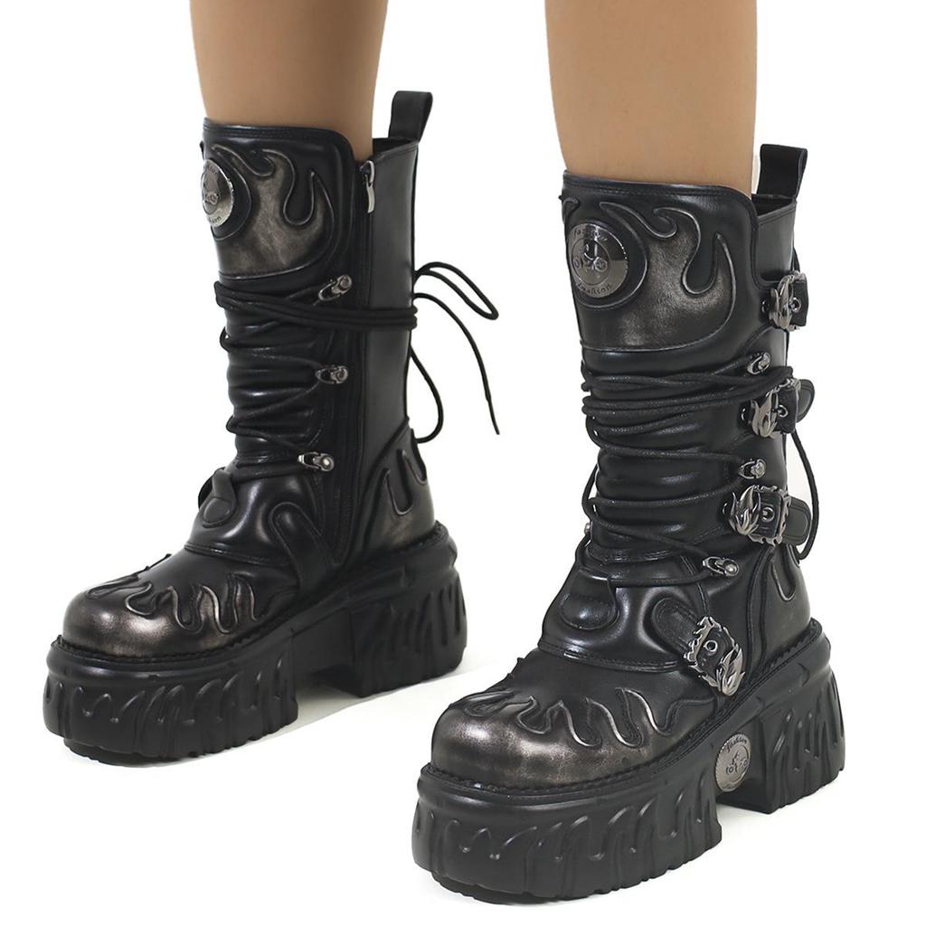 Europäische & Amerikanische Gothic Punk Metal Plateau Reißverschluss Stiefel, Damen Dark Style Martin Stiefel