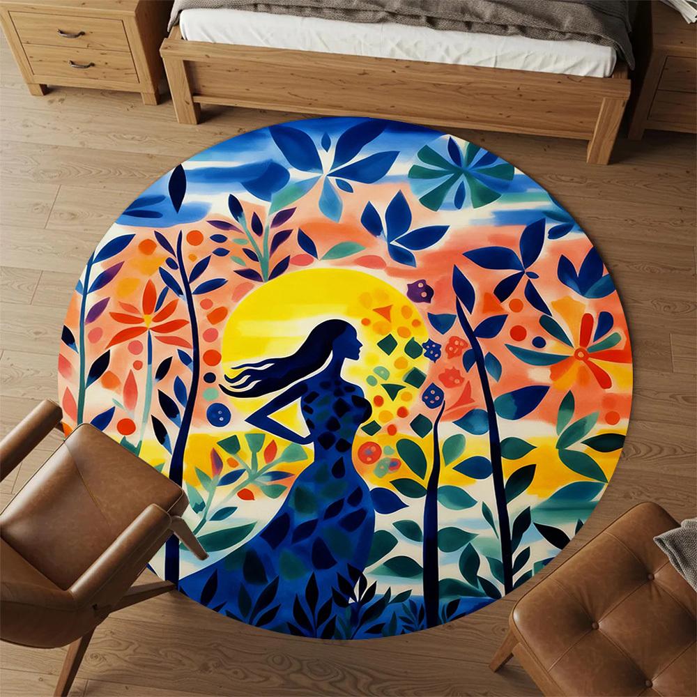 1pc Woman Forest Round Chair mat office Area Rug - Non-Slip, Floor Mat for Office, Bedroom, Ideal home decor gift p0105007