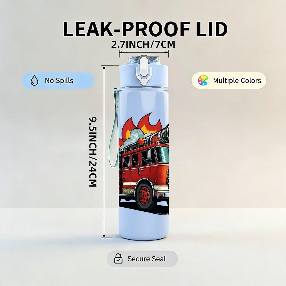 1PC Fire Truck Flame Silhouette 750ml Color Plastic Sports Water Bottle Leakproof Flip Straw Lid Suitable for Sports Office Home Use