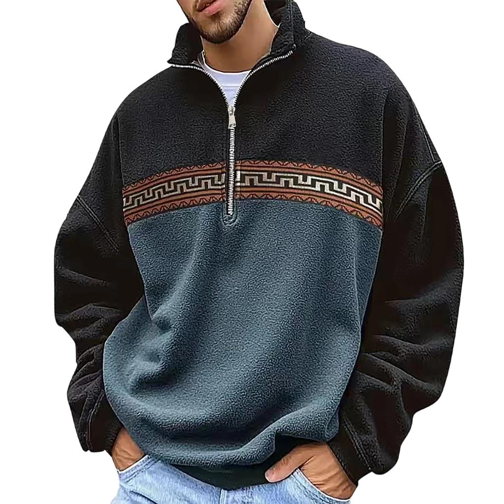 Felpa Casual da Uomo per Esterno con Zip a Metà e Design a Pannelli, Manica Lunga