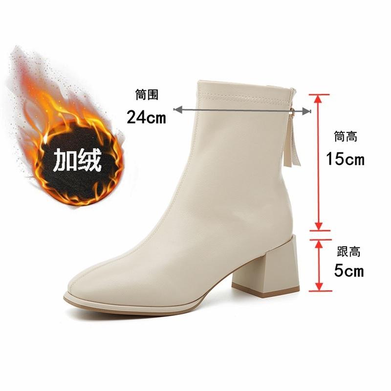 Full cowhide thin boots square head bare boots rear zipper autumn and winter velvet French thick high-heeled short boots women's single boots