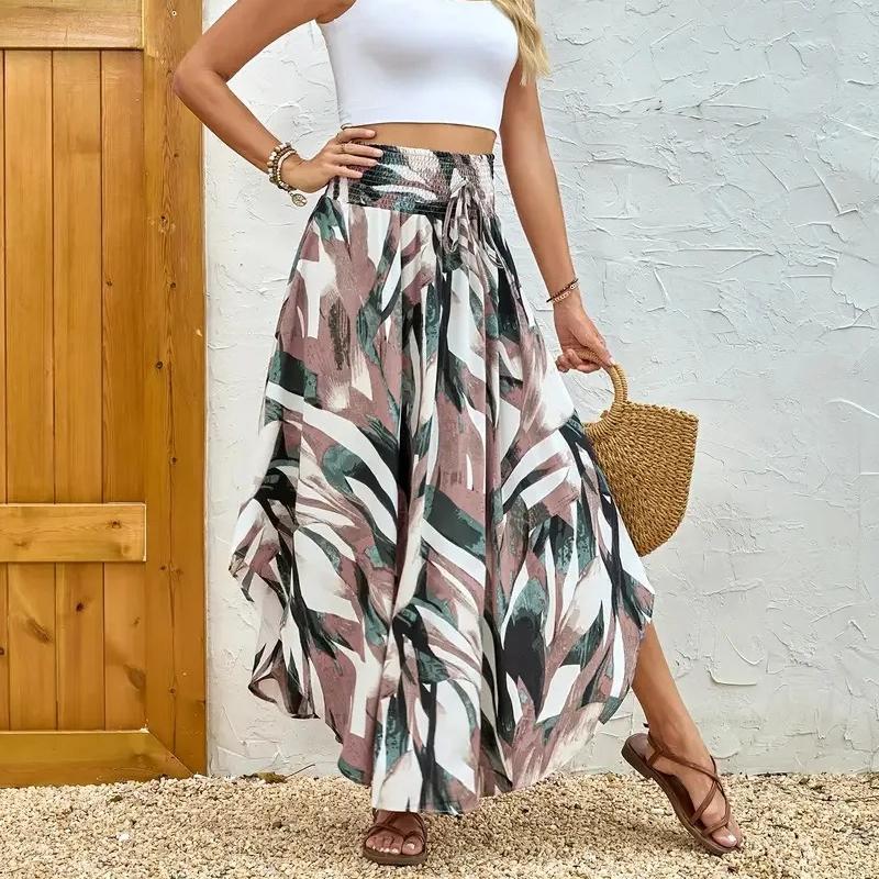 Vintage Floral Print Skirts Women Summer High Waist A-Line Pleated Elastic Long Skirts Casual Holiday Beach Skirt