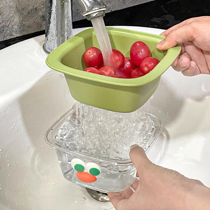 2024 New Double Drain Basket Fruit Washing Machine Cute Mini Fruit Tray Delicate Drain Basin Multi-purpose Kitchen Storage Box