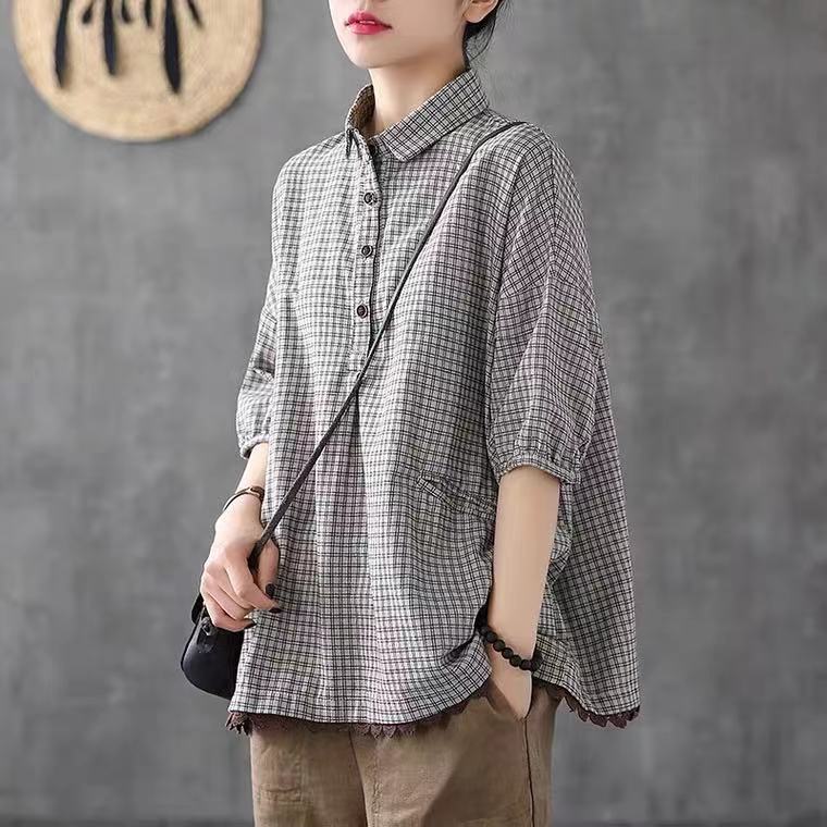 Women Plus Size Linen Cotton Plaid Blouse Summer Lace Splice Pullover Short Sleeve Loose Casual Shirt Top