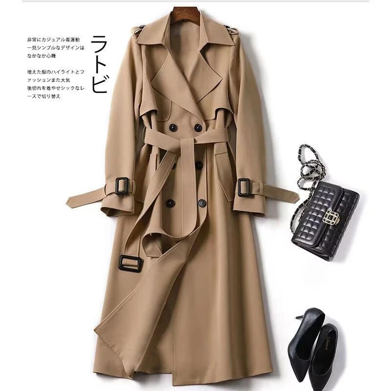 Trench Coat da Donna Primavera Autunno Coreano Lungo Elegante Doppiopetto Khaki Giacca a Vento Streetwear