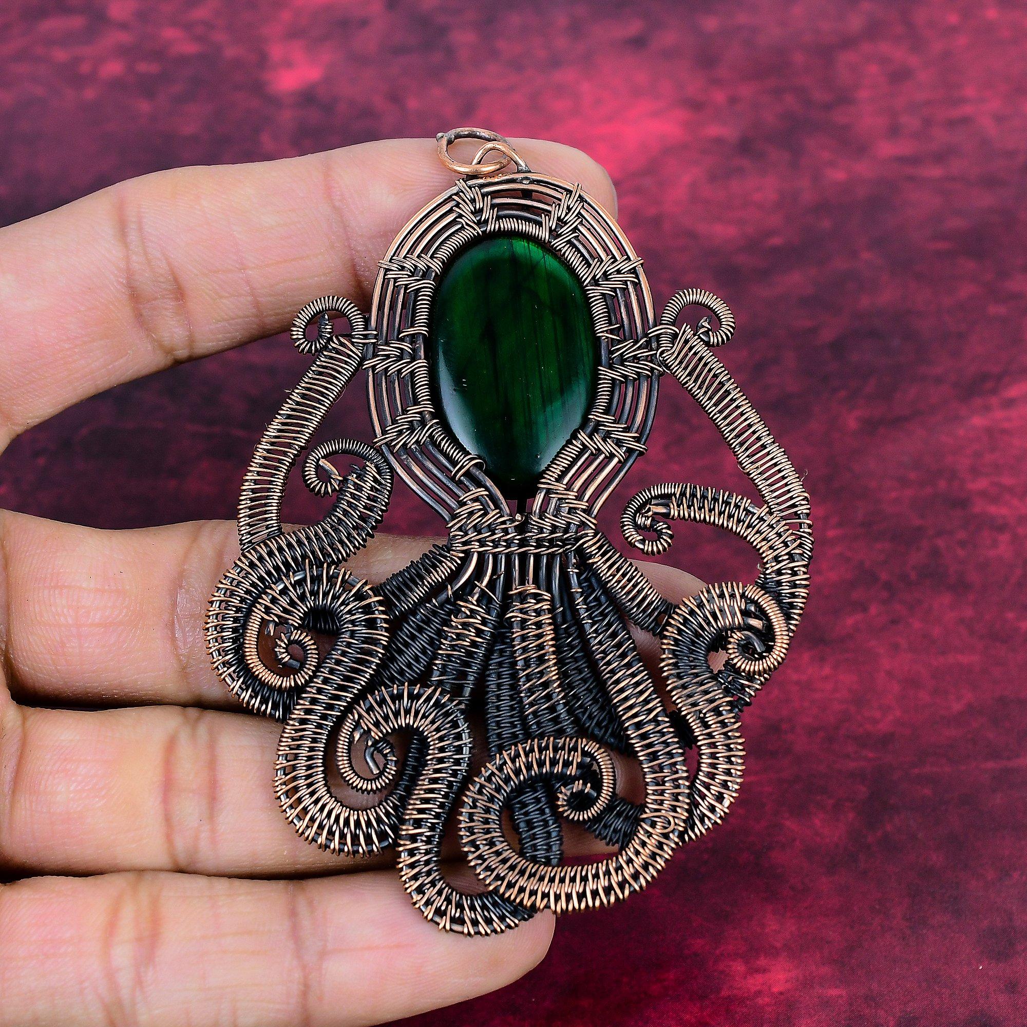 Green Fire Labradorite Real Gemstone Pendant Octopus Copper Wire Wrapped Jewelry