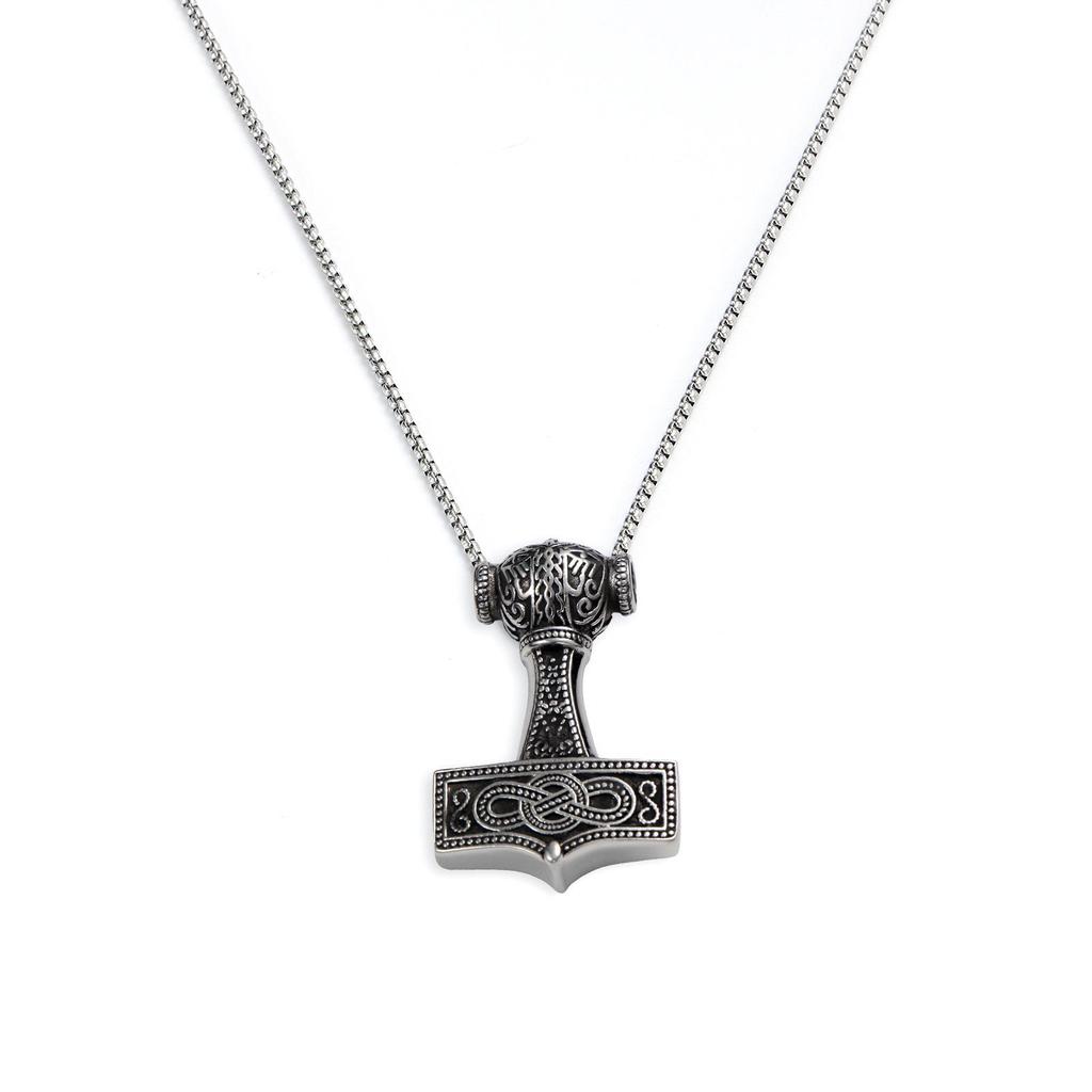 Men's Aged Stainless Steel Hammer Pendant Necklace with Retro Rope Design and Long Box Chain