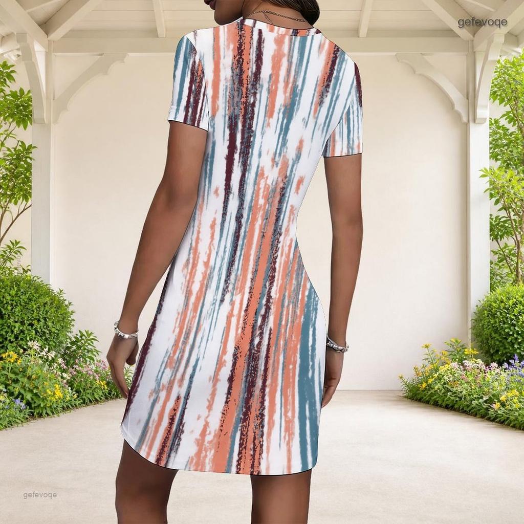 Women Plus Size Round Neck Short Sleeve Multicolor Printed Striped Fitted Mini Dress