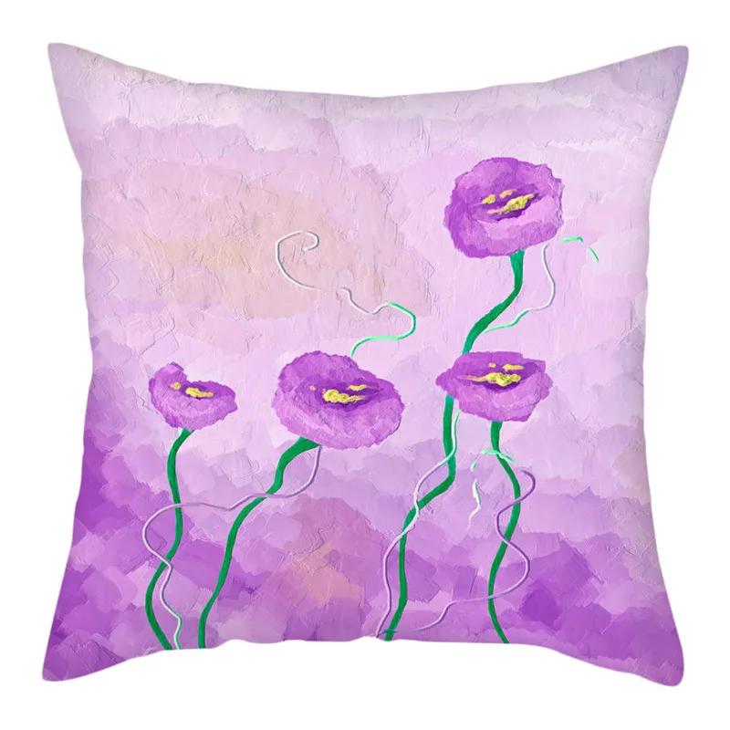 Purple Flower Lavender Polyester Cushion Cover Throw Pillowcase For Sofa Car Chair Living Room Decorative Pillow Cover 45X45Cm