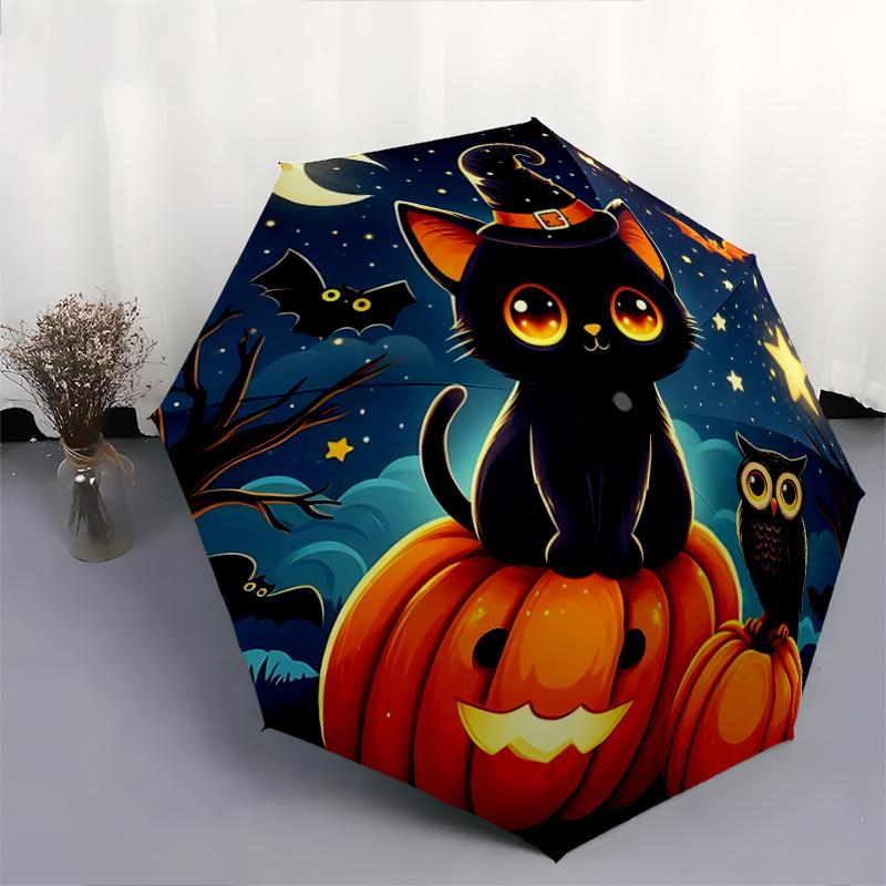 1pc Starry Sky Cat and Owl Halloween Automatic Open/CloseUmbrella-CuteUmbrella with Cute Design, Portable 3-Fold Compact Umbrella for Men & Women