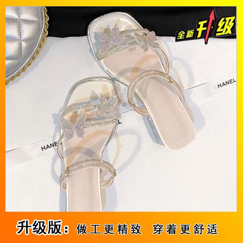 Premium sense one-word fashion versatile and thin French thick heel medium heel cool slippers women's outer wear 2025 summer and autumn new models