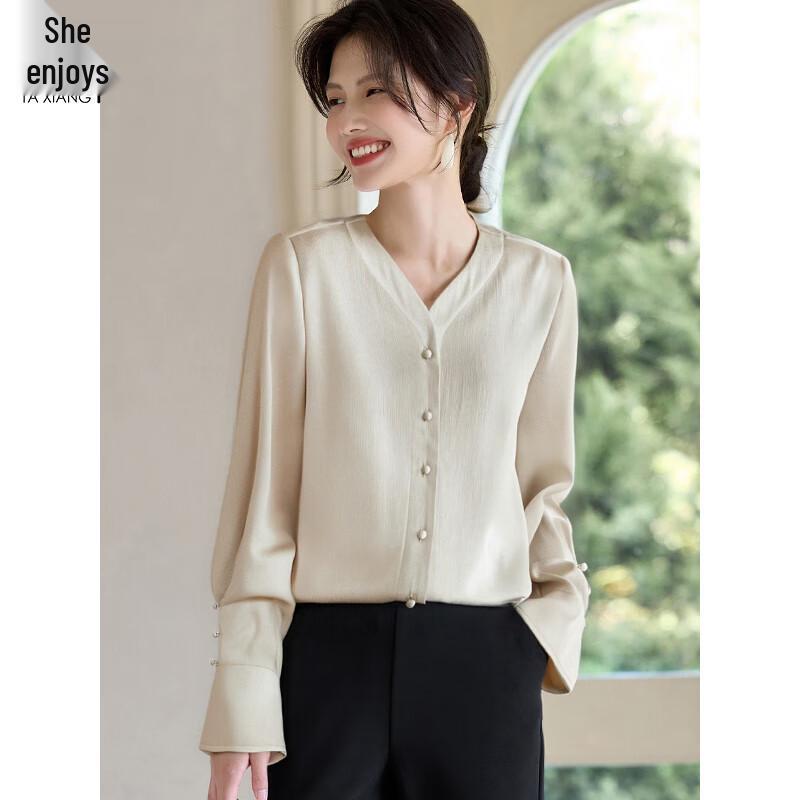 Women s Elegant Satin V-Neck Long Sleeve Blouse XL