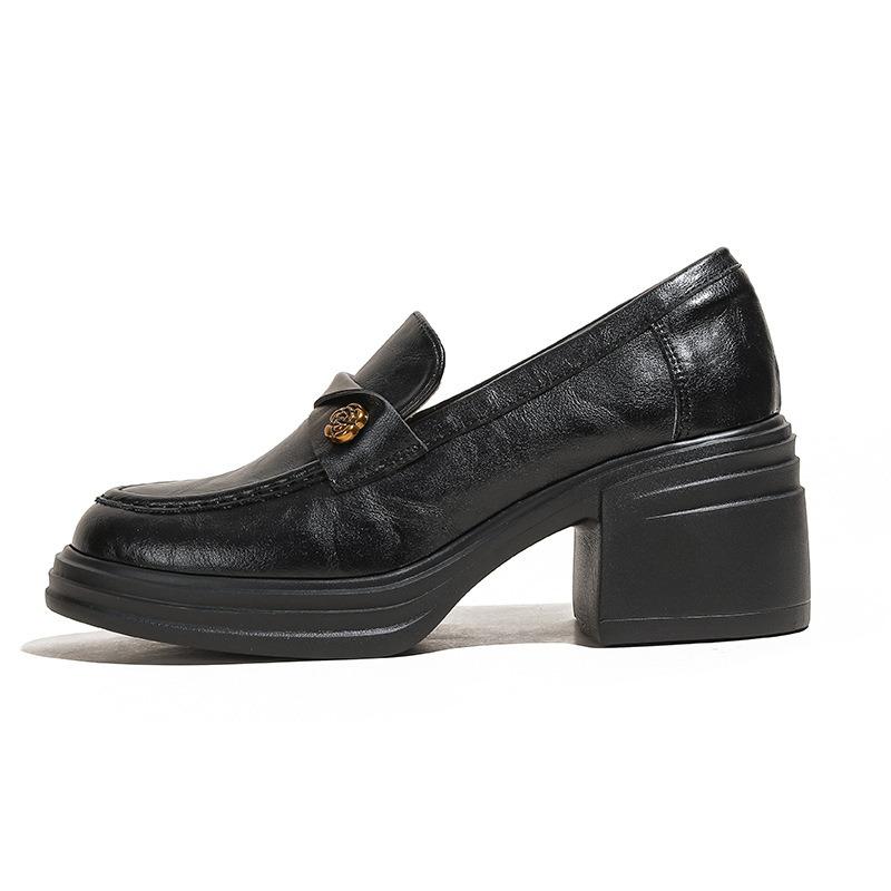 Women's spring new versatile one-pedal thick heel inner height increase small leather shoes buckle camellia single shoes women