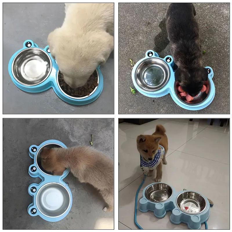 Cartoon Frog Shaped Stainless Steel Pet Double Bowl Anti Spill Dual-Use Bowl Cat And Dog Universal Feeder