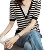 Women's Fake Two-Piece Ice Silk Knitted Top Elegant Stylish Short-Sleeve V-Neck Striped Solid Color T-Shirt