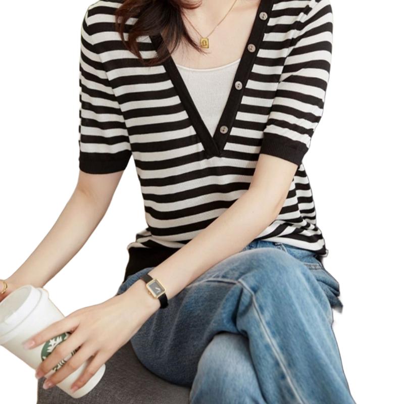 Women's Fake Two-Piece Ice Silk Knitted Top Elegant Stylish Short-Sleeve V-Neck Striped Solid Color T-Shirt