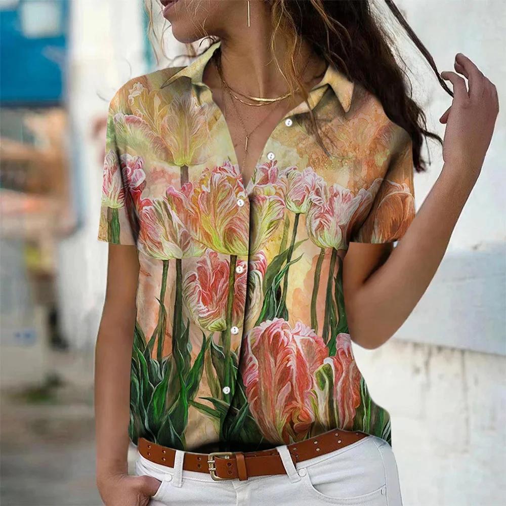 Fashion Women's Floral 3d Printed Short Sleeve Lapel Shirts Tops 2026 New Summer Blouses Tops