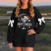 Ladies' Christmas Printed Bow Round Neck Long Sleeved Loose Pullover Sweater Sweatshirt Top