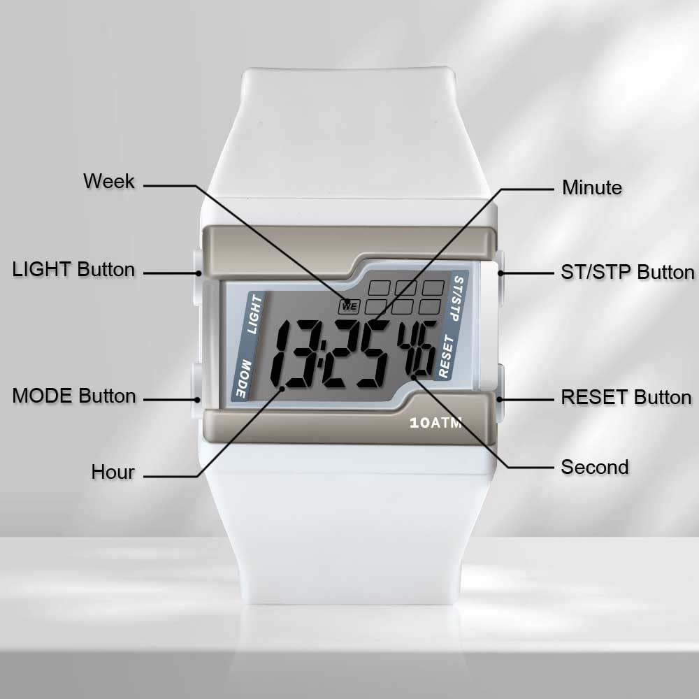 Digital swimming and diving watch with 10 ATM water resistance and multiple functions including lap alarm calendar and stopwatch, clock, backlight.
