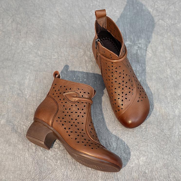 Johnature Hollow Out Boots Genuine Leather Retro Ethnic Style Soft Sole Thick Heel Breathable Women's Shoes