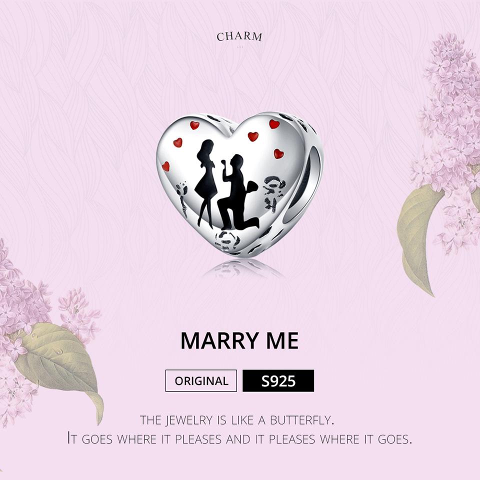 BAMOER Marry Me Heart Enamel Charm for Women Original Silver Bracelet 925 Sterling Silver Jewelry
