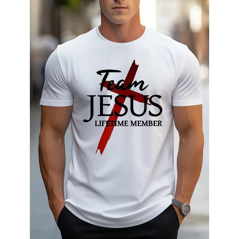 Europäische Größe Herren Christlicher Glaube Team Grafik T-Shirt - mit Rotem Kreuz & Team Schriftzug, Atmungsaktives Rundhals Freizeit Sommer T-Shirt für Kirchenveranstaltungen