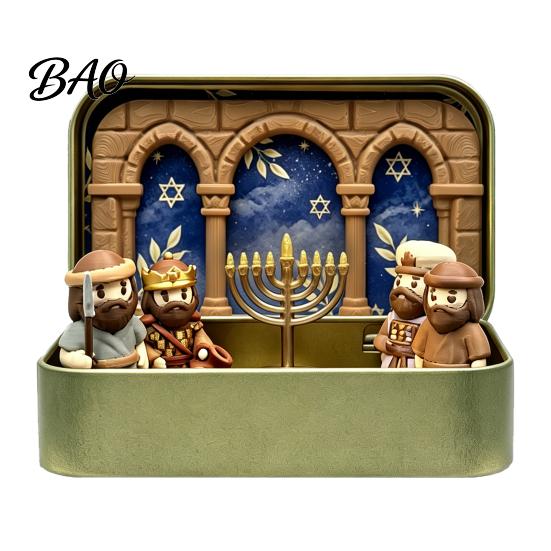 Retro Iron Box Display Hanukkah Miniature Diorama Scene Box, 3D Printed Pocket Figurine Set with Portable Festival Storage Case, Menorah Micro