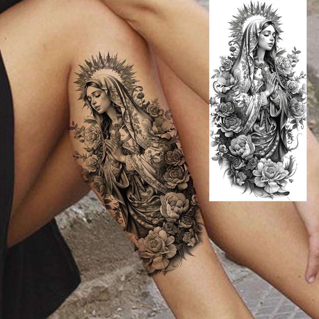 1 Sheet Waterproof Jesus With Cross Thorn Temporary Tattoos For Men Women Realistic Zeus Warrior Tatoos Temp Fake Tattoo Sticker