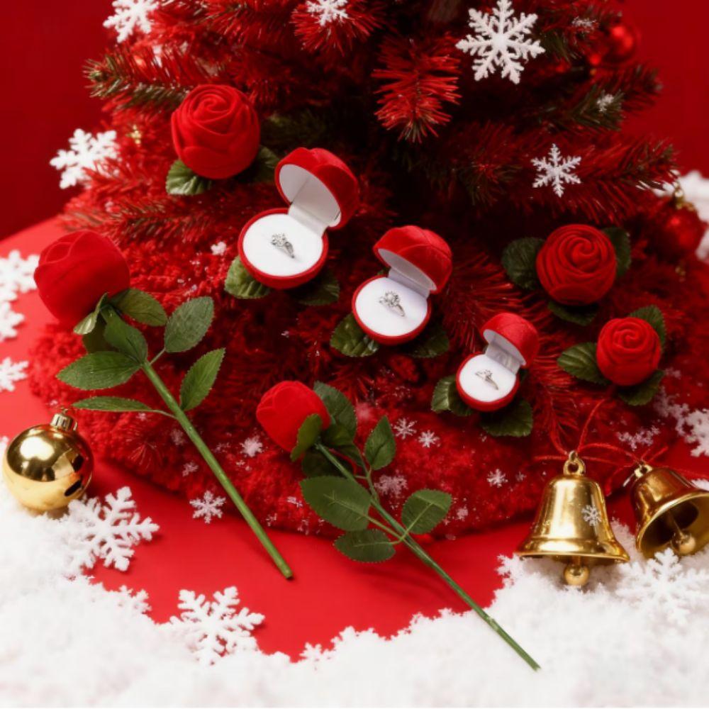 Simulation Flower Rose to Ring Box with Leaves Flower Wedding Ring Box  Jewelry Storage Case