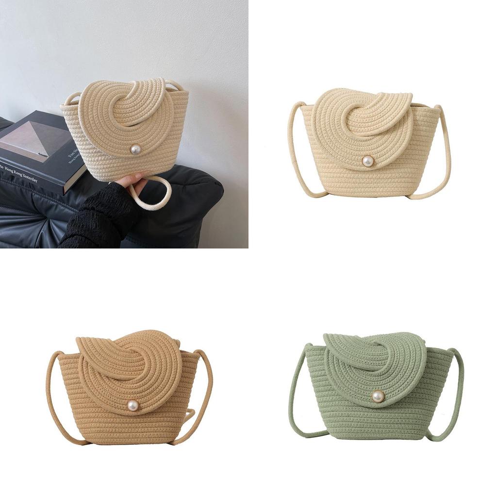 Grass Weaving Solid Color Crossbody Bag With Flap Closure For Beach Vacation Use