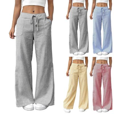 Women's Striped Linen Wide Leg Pants, High Waist Drawstring Casual Palazzo Trousers With Pockets, Summer Loose Fit Pants