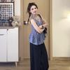 Korean Neck V-neck Sleeveless Sling Vest Women's Summer New Design Waist Temperament Plaid Shirt Top