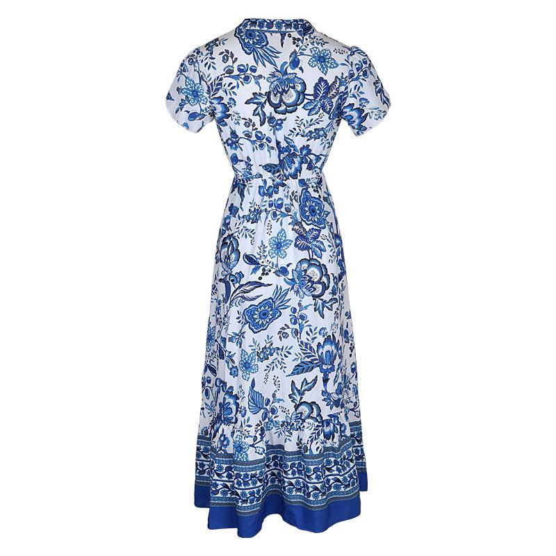 Retro Blue Ethnic Print Holiday Dress - Slim Fit