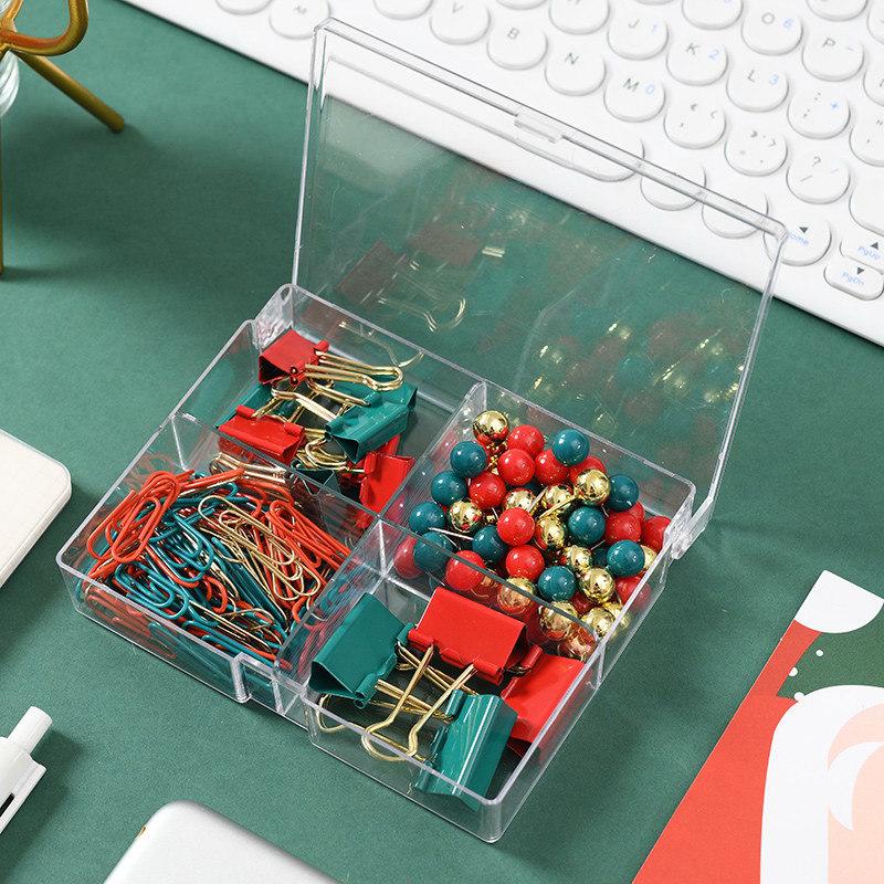 Christmas Gift Set: Red, Green & Gold Binder Clips, Paper Clips & Thumbtacks in Four-Grid Box