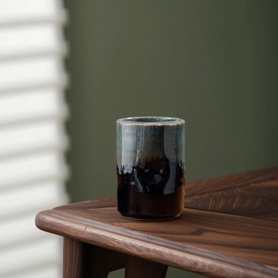 Vintage Keramik-Kaffeebecher mit Strohhalm, Retro Handbemalte Gestreifte Zylinderbecher, Grobkeramik für Heiße Kalte Getränke
