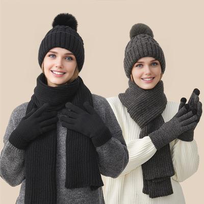3Pcs/Set Winter Hat Scarf Gloves Set Solid Color Windproof Plush Ball Hat Neck Warmer Touch Screen Gloves Set