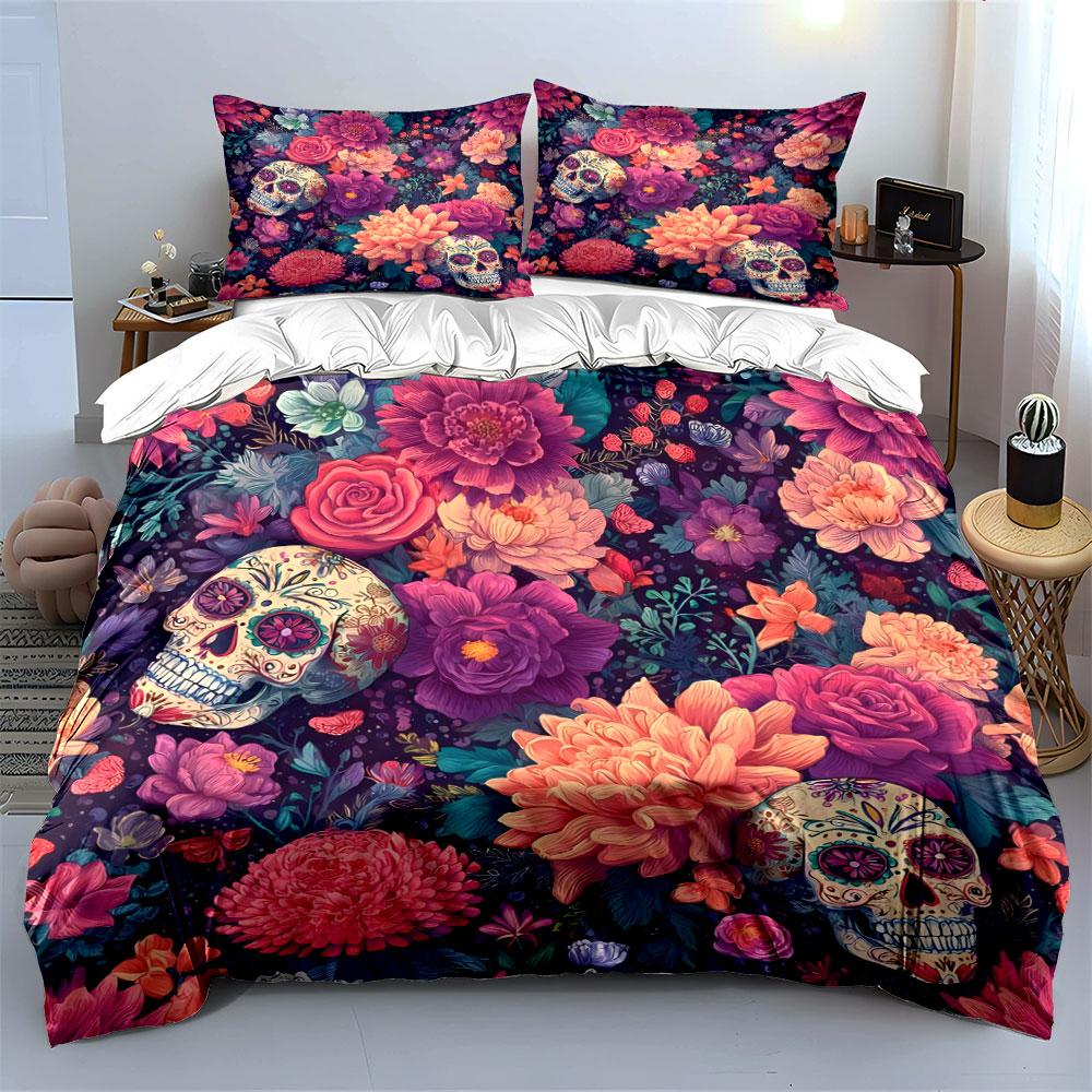 Colorful Skull Floral Decor Set Multiple Sizes Kid's and Adults' Bedroom Exquisite 3PC Bedding Set Gift