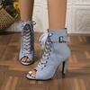 Fashion 2025Women's Sexy Denim Stiletto Heels Salsa Dance Boots Girls Ankle Boots Ballroom Denim High  Dance Shoes