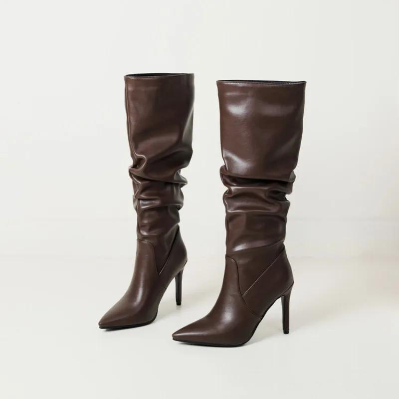 New Black Brown Pleated Lazy Long Boots European American Style 10cm High-heeled Pointed Autumn Winter Women Knee High Boots 43
